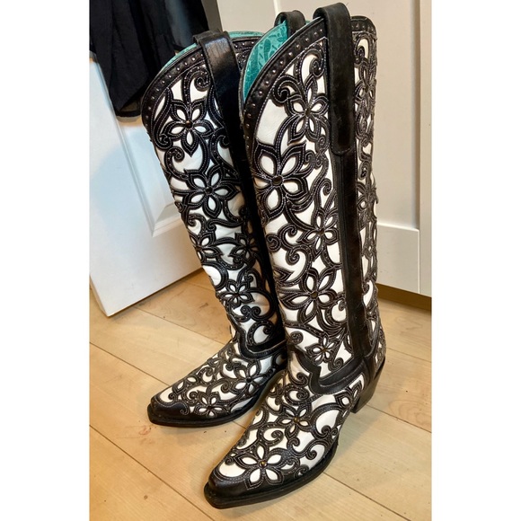 Corral Shoes - Corral Black White Floral Inlay Tall Cowboy Boots